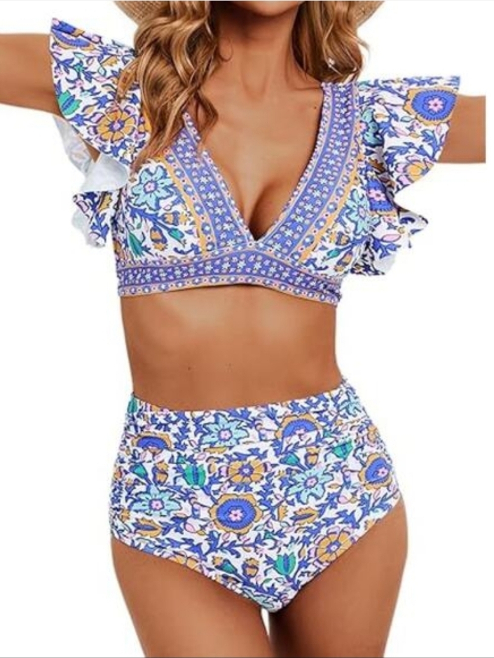 Floral High-Waist Bikini Set - Blue & White NWOT Size Small